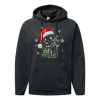 Funny Black Cat Christmas Lights Santa Hat Xmas Performance Fleece Hoodie