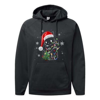 Funny Black Cat Christmas Lights Santa Hat Xmas Performance Fleece Hoodie