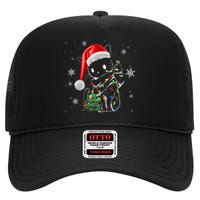 Funny Black Cat Christmas Lights Santa Hat Xmas High Crown Mesh Back Trucker Hat