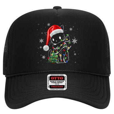 Funny Black Cat Christmas Lights Santa Hat Xmas High Crown Mesh Back Trucker Hat