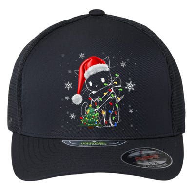 Funny Black Cat Christmas Lights Santa Hat Xmas Flexfit Unipanel Trucker Cap