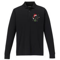 Funny Black Cat Christmas Lights Santa Hat Xmas Performance Long Sleeve Polo