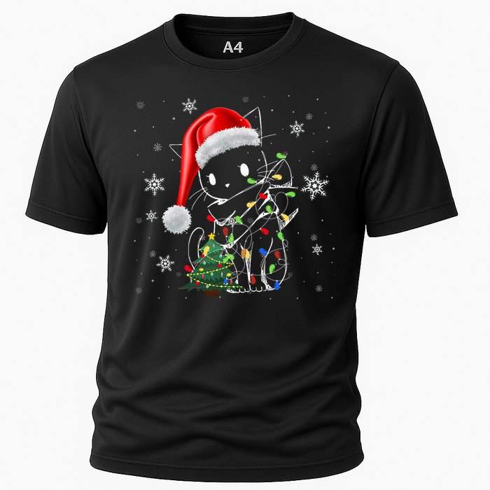 Funny Black Cat Christmas Lights Santa Hat Xmas Cooling Performance Crew T-Shirt