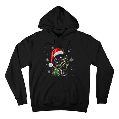 Funny Black Cat Christmas Lights Santa Hat Xmas Hoodie