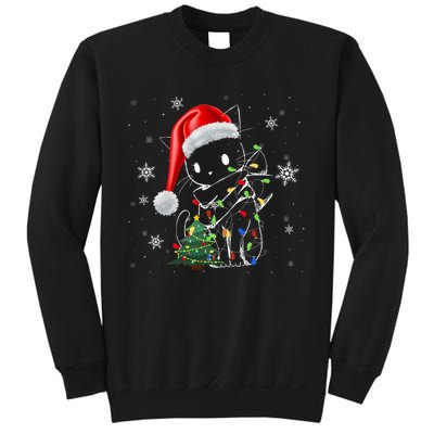 Funny Black Cat Christmas Lights Santa Hat Xmas Sweatshirt