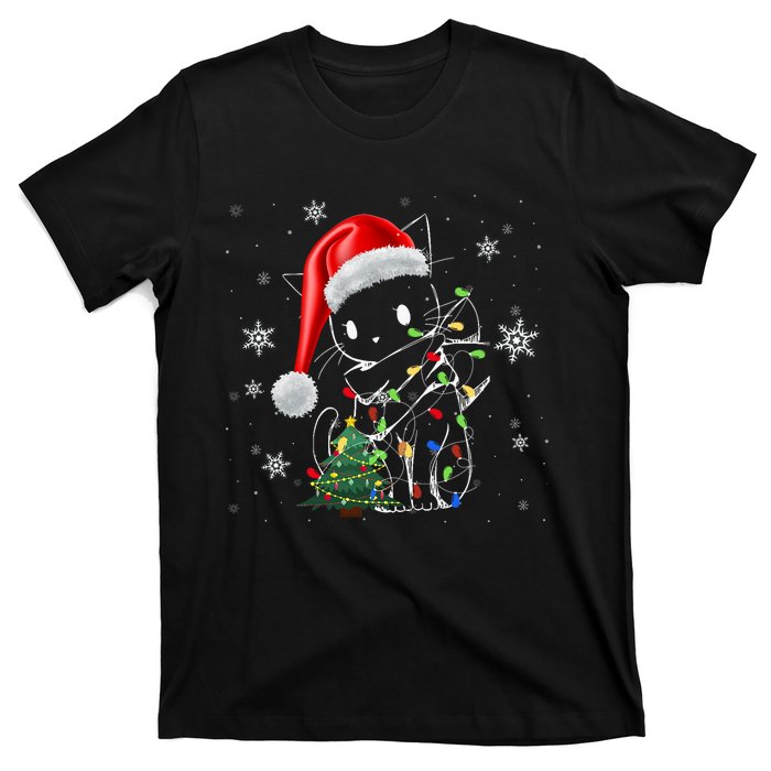 Funny Black Cat Christmas Lights Santa Hat Xmas T-Shirt