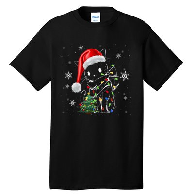 Funny Black Cat Christmas Lights Santa Hat Xmas Tall T-Shirt