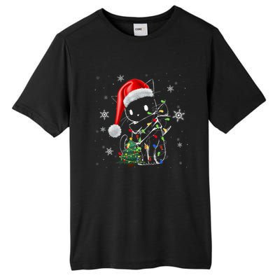 Funny Black Cat Christmas Lights Santa Hat Xmas Tall Fusion ChromaSoft Performance T-Shirt