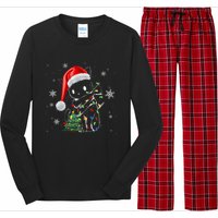 Funny Black Cat Christmas Lights Santa Hat Xmas Long Sleeve Pajama Set