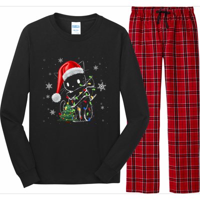 Funny Black Cat Christmas Lights Santa Hat Xmas Long Sleeve Pajama Set