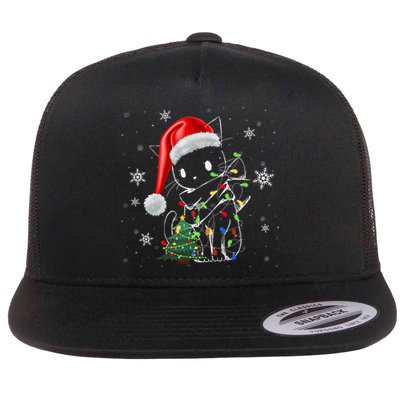 Funny Black Cat Christmas Lights Santa Hat Xmas Flat Bill Trucker Hat