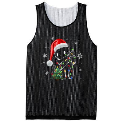 Funny Black Cat Christmas Lights Santa Hat Xmas Mesh Reversible Basketball Jersey Tank