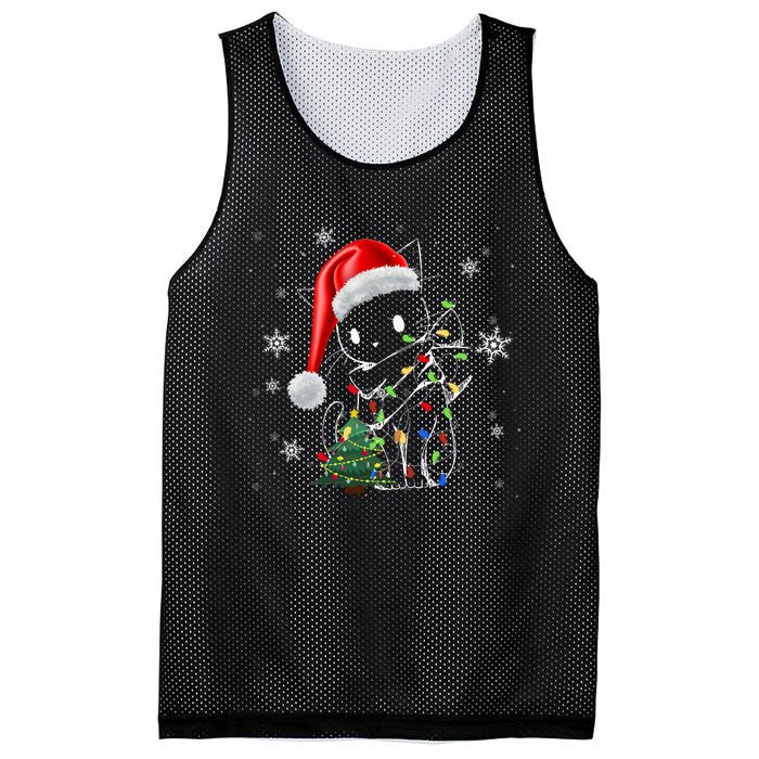 Funny Black Cat Christmas Lights Santa Hat Xmas Mesh Reversible Basketball Jersey Tank