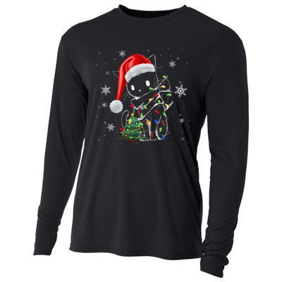 Funny Black Cat Christmas Lights Santa Hat Xmas Cooling Performance Long Sleeve Crew