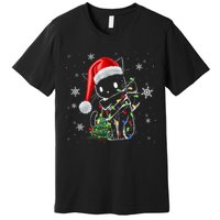 Funny Black Cat Christmas Lights Santa Hat Xmas Premium T-Shirt