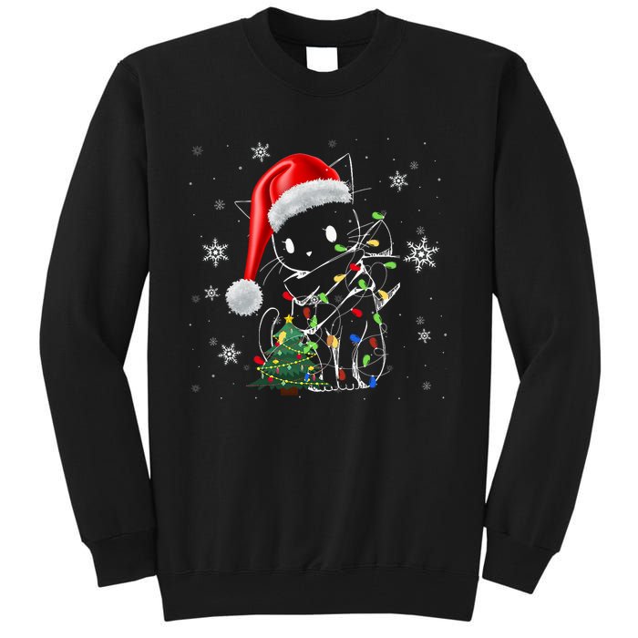 Funny Black Cat Christmas Lights Santa Hat Xmas Tall Sweatshirt