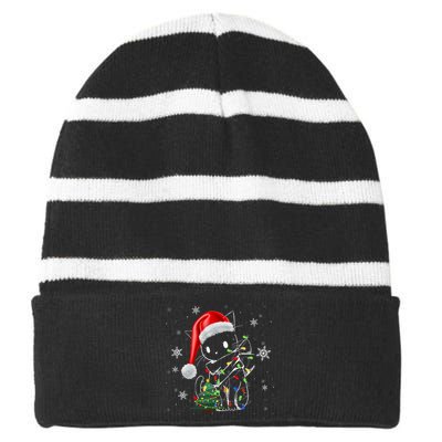 Funny Black Cat Christmas Lights Santa Hat Xmas Striped Beanie with Solid Band