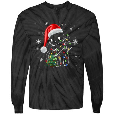 Funny Black Cat Christmas Lights Santa Hat Xmas Tie-Dye Long Sleeve Shirt