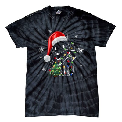 Funny Black Cat Christmas Lights Santa Hat Xmas Tie-Dye T-Shirt