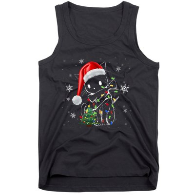 Funny Black Cat Christmas Lights Santa Hat Xmas Tank Top