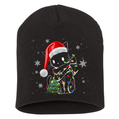 Funny Black Cat Christmas Lights Santa Hat Xmas Short Acrylic Beanie