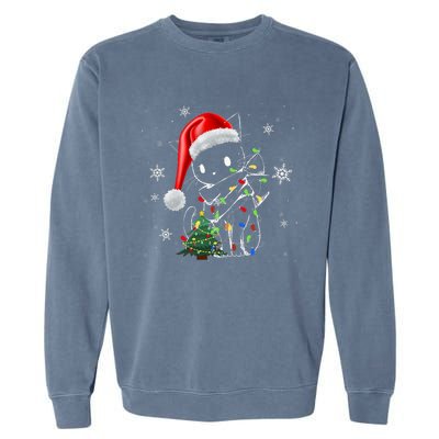 Funny Black Cat Christmas Lights Santa Hat Xmas Garment-Dyed Sweatshirt