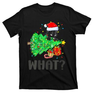 Funny Black Cat Pushing Christmas Tree Over Cat What T-Shirt