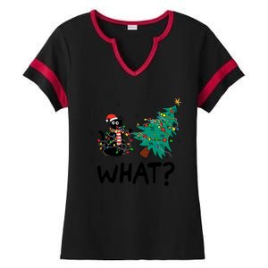 Funny Black Cat Pushing Christmas Tree Over Cat What Ladies Halftime Notch Neck Tee