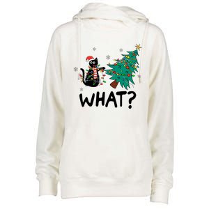 Funny Black Cat Pushing Christmas Tree Over Cat What Womens Funnel Neck Pullover Hood