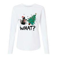 Funny Black Cat Pushing Christmas Tree Over Cat What Womens Cotton Relaxed Long Sleeve T-Shirt