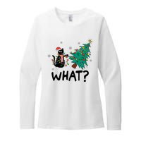 Funny Black Cat Pushing Christmas Tree Over Cat What Womens CVC Long Sleeve Shirt