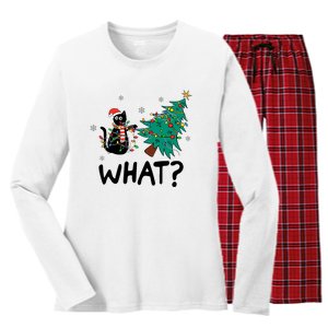 Funny Black Cat Pushing Christmas Tree Over Cat What Women's Long Sleeve Flannel Pajama Set 