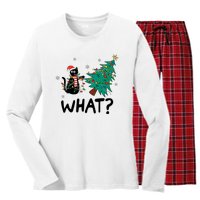 Funny Black Cat Pushing Christmas Tree Over Cat What Women's Long Sleeve Flannel Pajama Set 