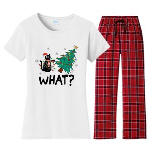 Funny Black Cat Pushing Christmas Tree Over Cat What Women's Flannel Pajama Set