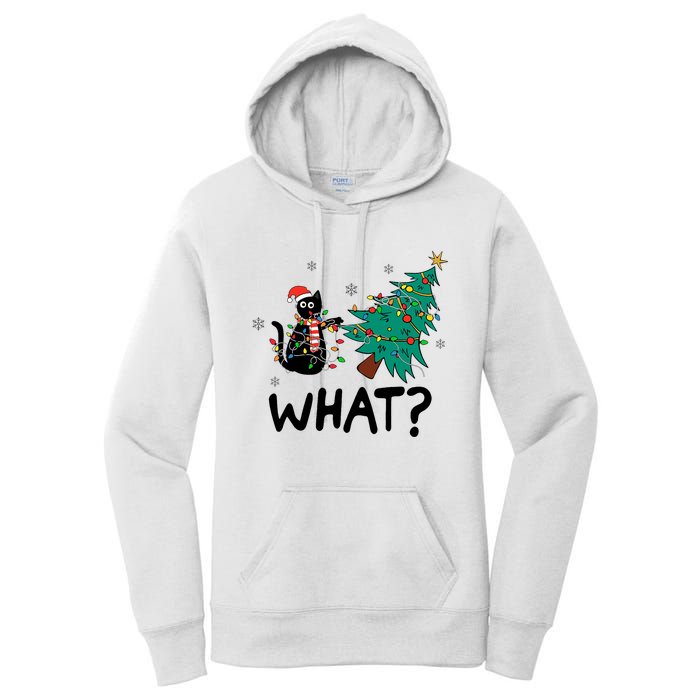 Funny Black Cat Pushing Christmas Tree Over Cat What Women's Pullover Hoodie