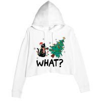 Funny Black Cat Pushing Christmas Tree Over Cat What Crop Fleece Hoodie