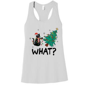 Funny Black Cat Pushing Christmas Tree Over Cat What Women's Racerback Tank