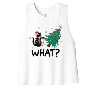 Funny Black Cat Pushing Christmas Tree Over Cat What Women's Racerback Cropped Tank