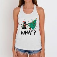 Funny Black Cat Pushing Christmas Tree Over Cat What Women's Knotted Racerback Tank