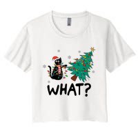 Funny Black Cat Pushing Christmas Tree Over Cat What Women's Crop Top Tee