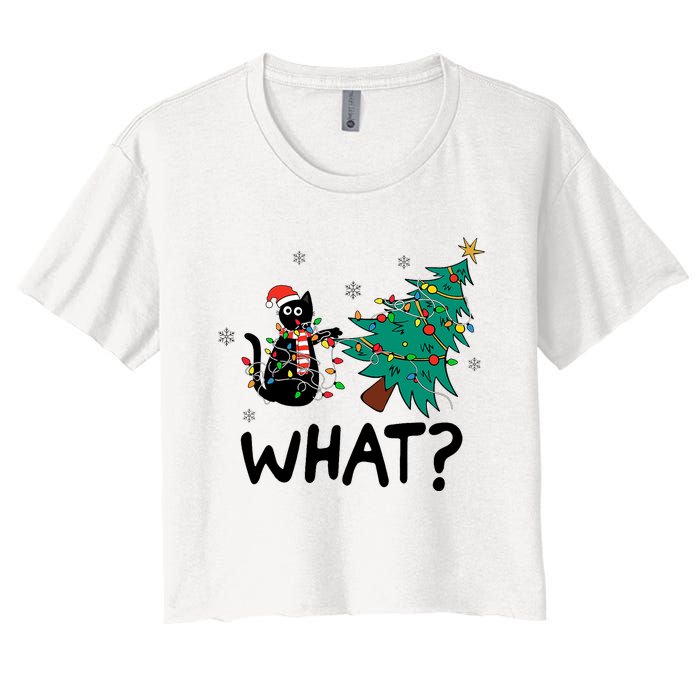 Funny Black Cat Pushing Christmas Tree Over Cat What Women's Crop Top Tee