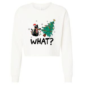 Funny Black Cat Pushing Christmas Tree Over Cat What Cropped Pullover Crew