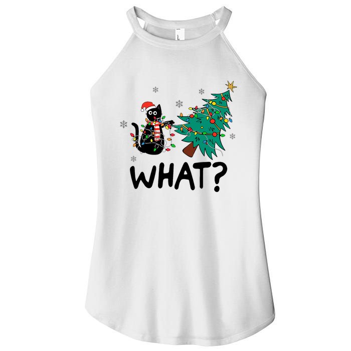 Funny Black Cat Pushing Christmas Tree Over Cat What Women's Perfect Tri Rocker Tank