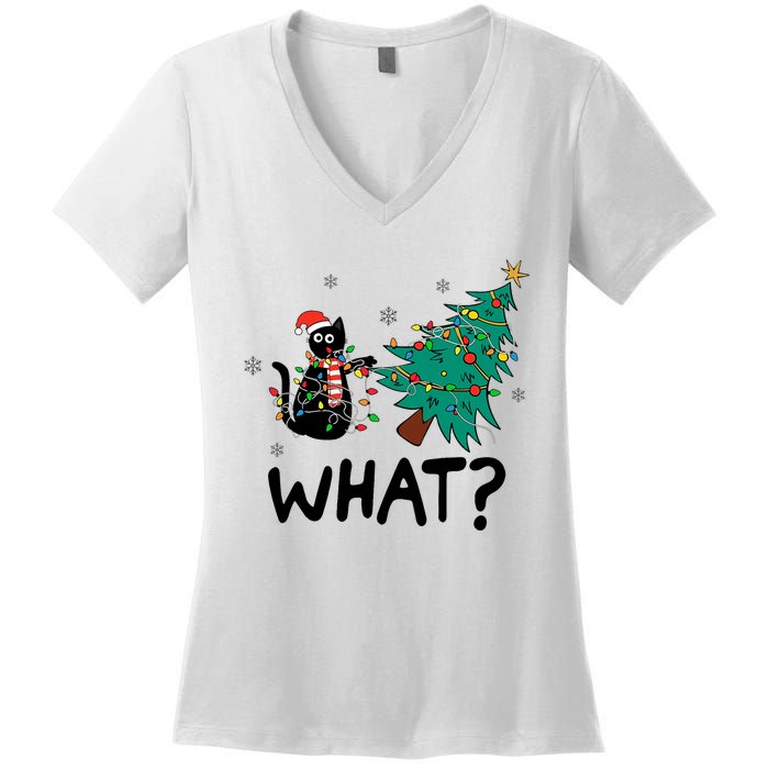 Funny Black Cat Pushing Christmas Tree Over Cat What Women's V-Neck T-Shirt