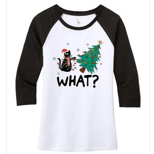 Funny Black Cat Pushing Christmas Tree Over Cat What Women's Tri-Blend 3/4-Sleeve Raglan Shirt