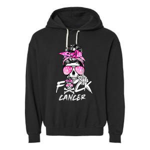 Fuck Breast Cancer  Warrior Pink Ribbon Messy Bun Hair Garment-Dyed Fleece Hoodie