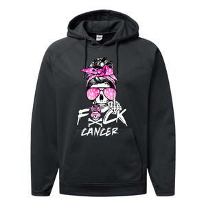 Fuck Breast Cancer  Warrior Pink Ribbon Messy Bun Hair Performance Fleece Hoodie