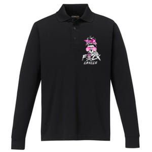 Fuck Breast Cancer  Warrior Pink Ribbon Messy Bun Hair Performance Long Sleeve Polo