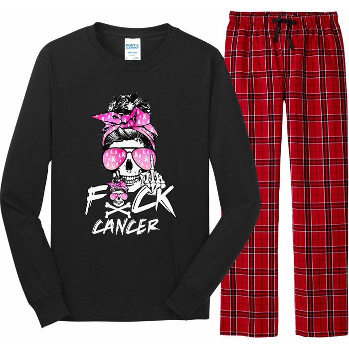 Fuck Breast Cancer  Warrior Pink Ribbon Messy Bun Hair Long Sleeve Pajama Set