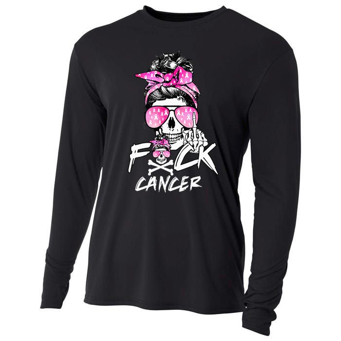 Fuck Breast Cancer  Warrior Pink Ribbon Messy Bun Hair Cooling Performance Long Sleeve Crew